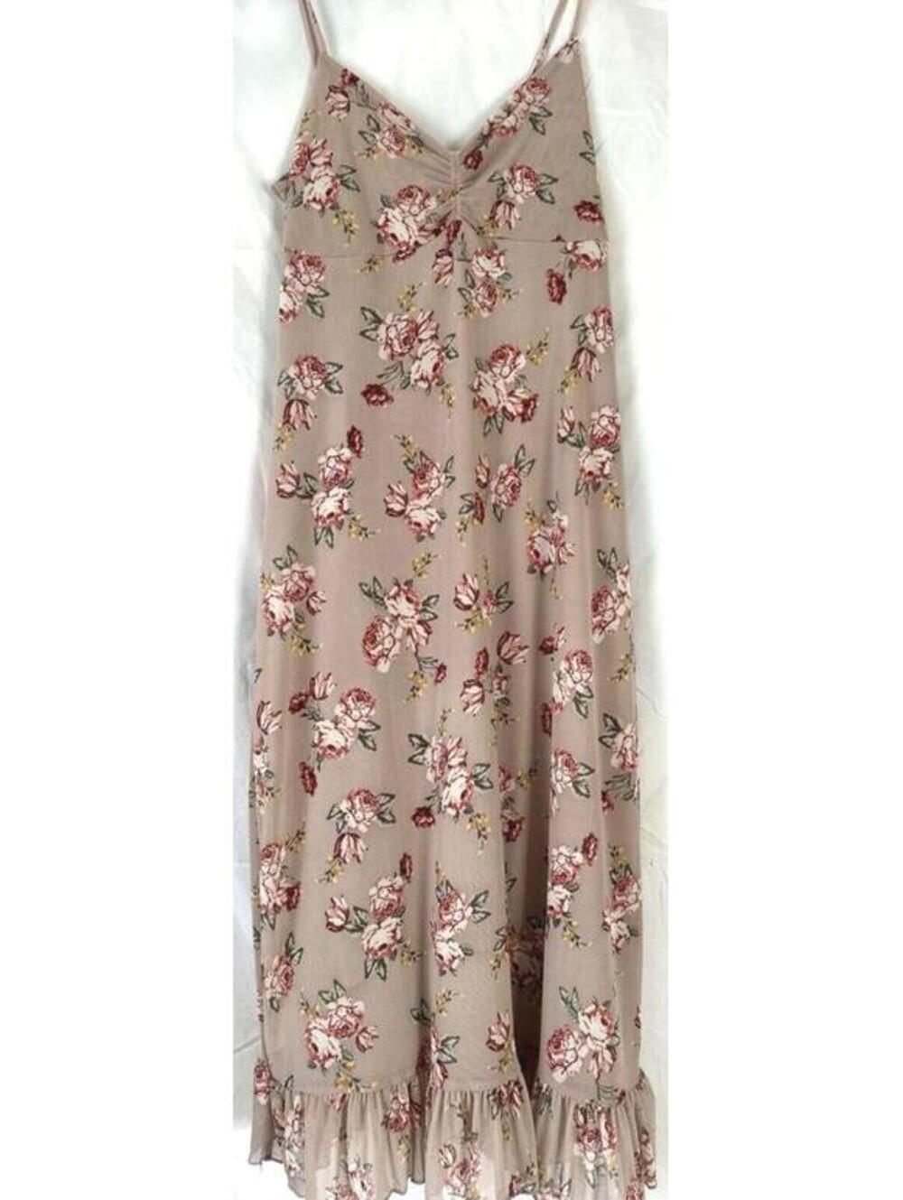 Floral Maxi Dress Large Boho Taupe Pink Sleeveless Summer Cottagecore Dress